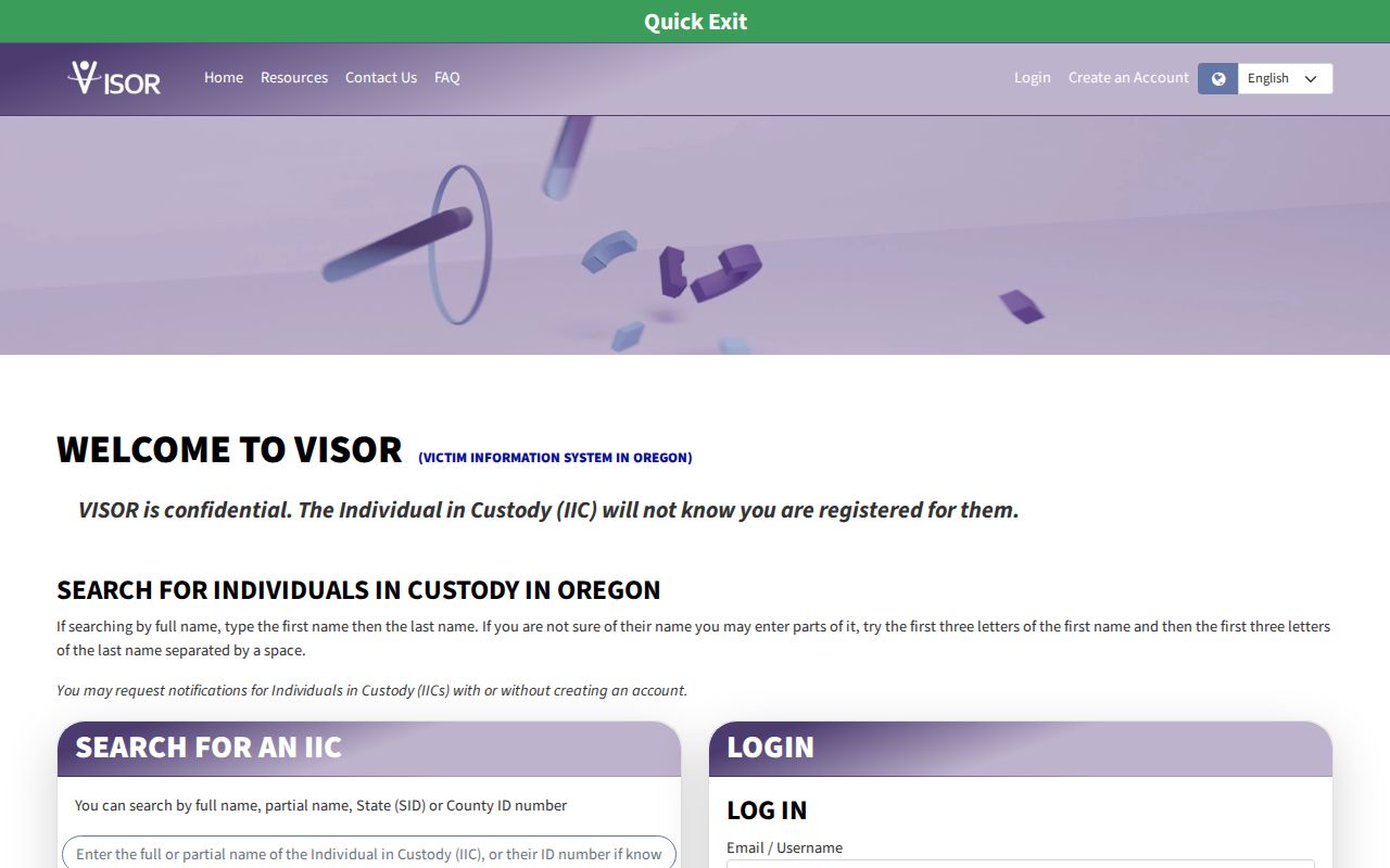 Harney County custody notification and record status search through Oregon VISOR